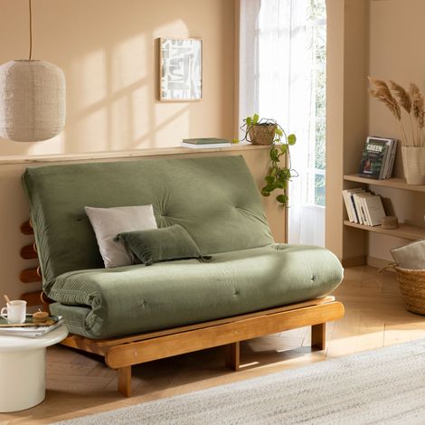 Ensemble banquette et matelas futon 140x200 cm latex ferme velours côtelé kaki Terre de Nuit (1/5)