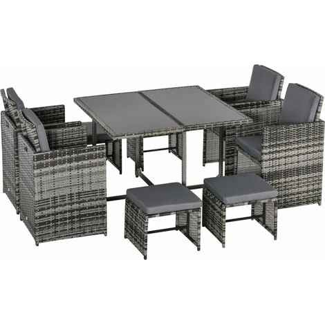 9 Piece Rattan Cube Garden Furniture Dining Set with Armchairs, Footstools Glass-Top Table, Grey (1/5)