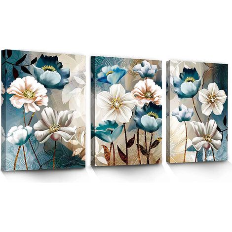 3pcs，Fleurs De Lotus Blanches Et Bleu Indigo,Tableaux Floraux Modernes，3040cm，sans cadre (1/5)