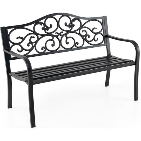 Banc de Jardin 2 Places Extérieur 128 CM, Banc de Patio en Métal avec Dossier à Design Floral, Accoudoirs et Siège à Lattes, Noir (1/5)