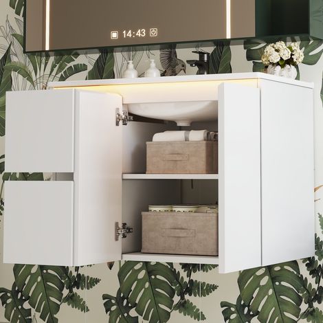 Meuble vasque suspendu 76x47x57 cm LED avec détecteur radar blanc OKMYHOME (1/5)