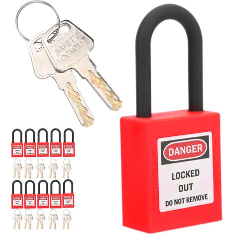 SJLERST 10 juegos de candados de bloqueo de 38 mm, a prueba de polvo, de nailon, herramienta de seguridad para ingeniería industrial y aislamiento en fábricas, color rojo. (1/3)