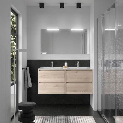 Ensemble meuble de salle de bain NOJA 1200 4 tiroirs NATUREL + Vasque + Miroir (1/2)