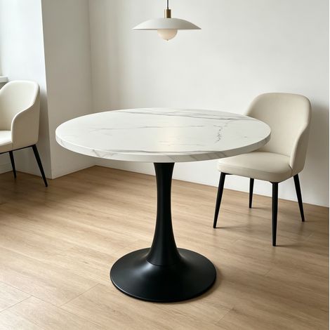 Table de salle à manger ronde avec effet marbre, piètement métal, 80x80x75 cm (1/5)