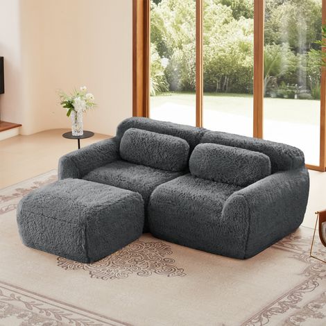 Divano ad angolo a 2 posti - 204x179x73 cm - modulabile e combinabile a piacere - con cuscini - tessuto peluche - grigio (1/5)