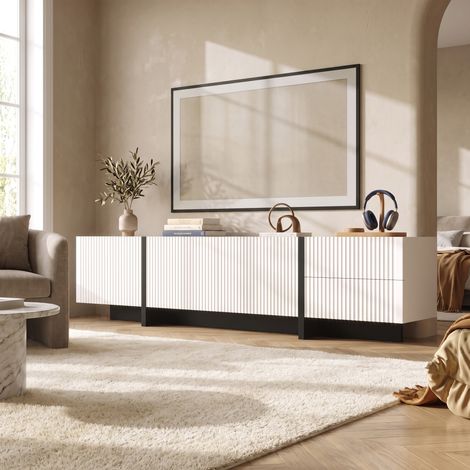 Meuble TV 190 cm avec 3 Portes et 2 Tiroirs, Charnières Amorties, Bois d'ingénierie, Style Moderne, Noir et Blanc (1/5)