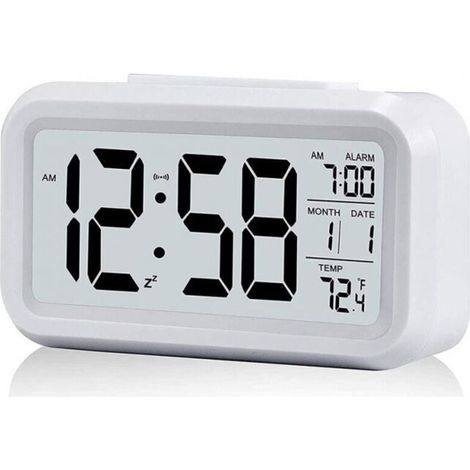 Reloj despertador digital blanco con gran pantalla LCD de temperatura, silencioso, funciona con pilas y tiene función de repetición de alarma (1/5)