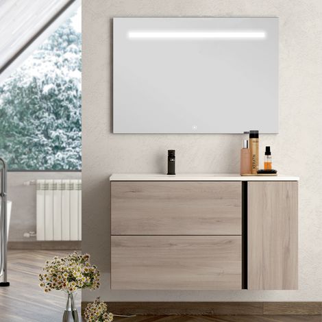Meuble de salle de bain vasque déportée - 2 tiroirs - oak (chêne brut) - PRADO et miroir Led STAM - 100cm (1/3)