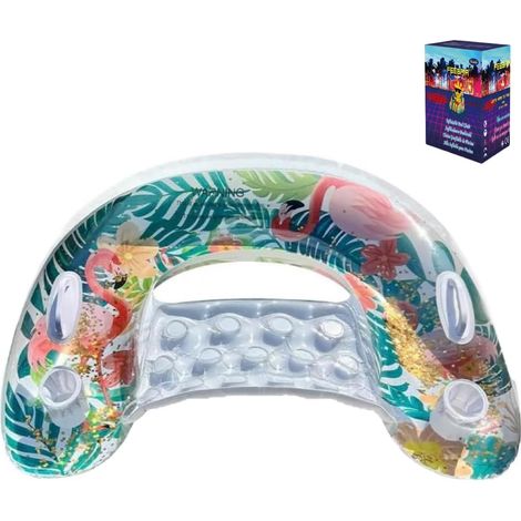 Chaise longue gonflable avec dossier et porte-gobelets, chaise flottante à feuilles tropicales flamant rose pour adultes et enfants, flotteurs de lac robustes avec poignées, fournitures de fête d'été (1/5)