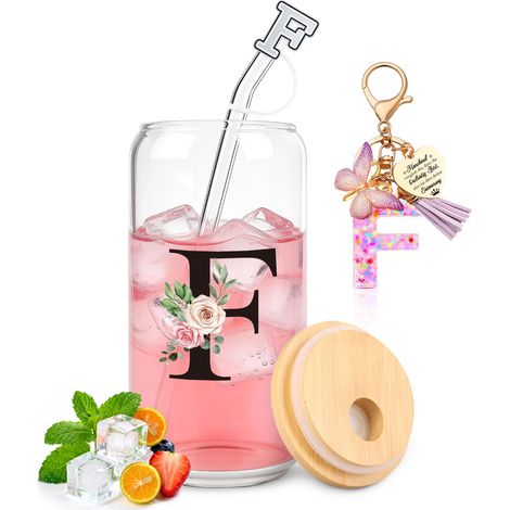 Tasse en verre avec lettres F avec couvercle et paille, cadeaux personnalisés pour les femmes pour un anniversaire, Noël, la Saint-Valentin (1/5)