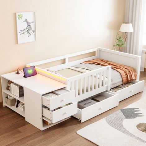 Kinderhochbett 245x95x62.3 cm mit LED Beleuchtung und Steckdose, Stauraum, Metall Sperrholz MDF, Weiß (1/5)