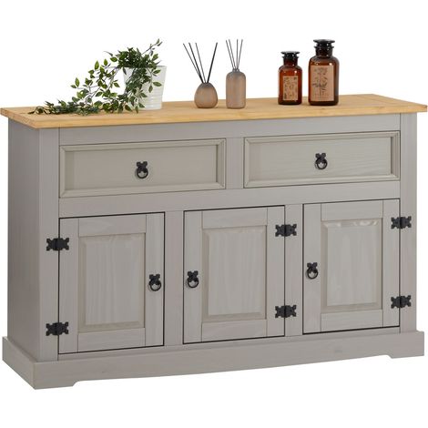 Idimex – Buffet salle à manger en pin massif gris 133 cm – 3 portes et 2 tiroirs – Rangement élégant pour salon et cuisine (1/5)
