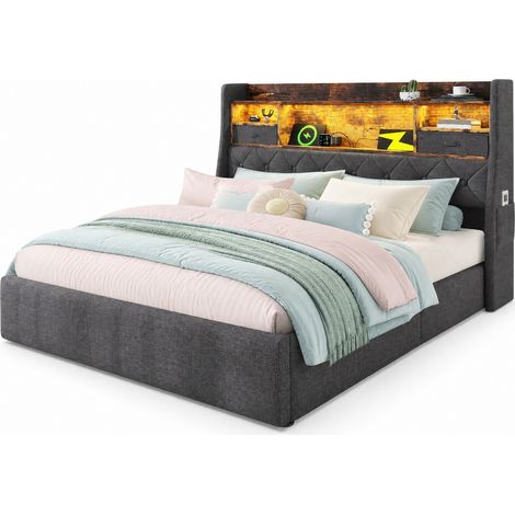 Lit coffre 160x200 cm avec tête de lit LED, ports USB et Type-C, sommier à lattes, rangement hydraulique, tissu gris, sans matelas CHICFURN (1/5)