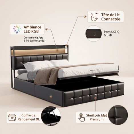 Lit coffre 160x200 cm avec sommier à lattes, lit double capitonné, tête de lit avec rangement, éclairage LED RGB, USB/ C, PU - Noir