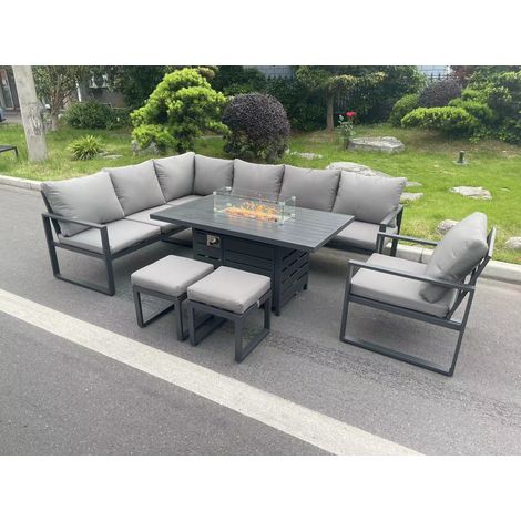 Fimous Aluminum Outdoor Garden Furniture Set Corner Sofa Chair Gas Fire Pit Dining Table Set 2 PC Stools Gas Heater Burner Dark Grey 9 Seater (1/5)