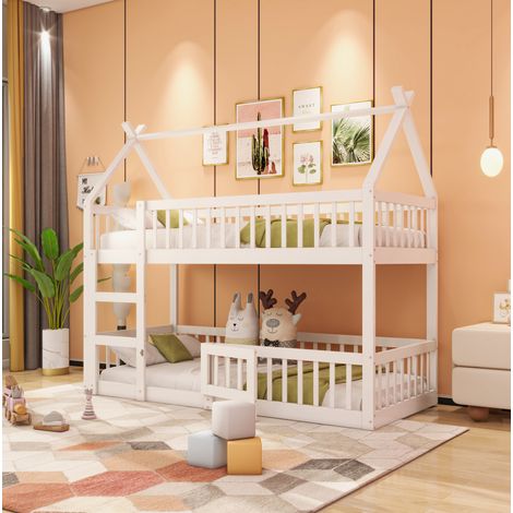 Litera infantil 90x200 cm de madera blanca, ahorra espacio, sin colchón FloraGrace (1/5)