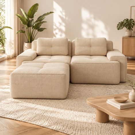 Modulsofa in L-Form mit Ottomane, 204 × 177 × 69 cm, Cordstoff, Beige, REDOM (1/5)