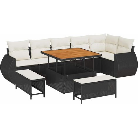 Garden Sofa Set with Cushion 9 pcs Black and Cream Poly Rattan vidaXL