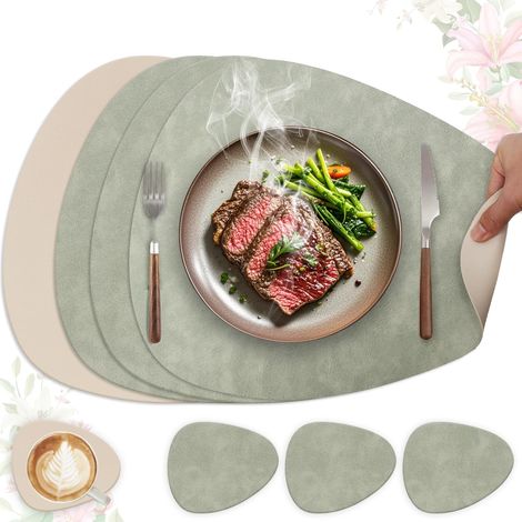 Waschbares und rutschfestes Platzset, 4er-Set doppelseitige Platzsets aus PU-Leder, Küchendekoration und Geschenk, oval 41 x 33 cm (Hellgrün + Beige) (1/5)