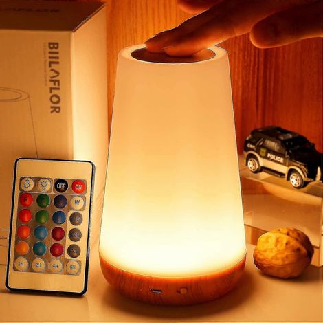 Lampe tactile, lampe de chevet portable à commande par capteur avec port de charge USB rapide, lumière blanche chaude à 5 niveaux de luminosité et 13 couleurs RGB changeantes. (1/4)
