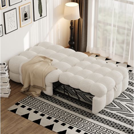 Divano letto a panca 183x76x42 cm 2-in-1 convertibile, pouf-letto compatto per salone e camera, rivestimento in teddy bouclé beige (1/5)