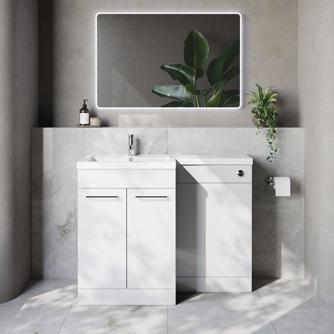 Napoli 460 Gloss White 1100mm 2 Door Vanity Unit Toilet Suite with Left Hand Square Lucia Basin - 1100mm - Chrome 160mm HandleWithout Kingston Toilet Pan