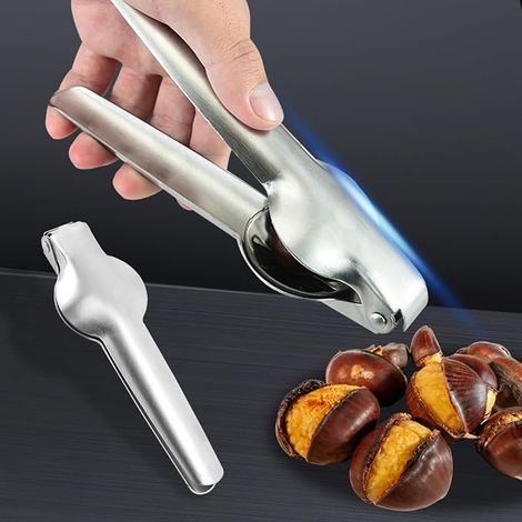 Set composto da 2 pezzi: coltello per castagne, pinze per castagne, apri castagne, pinze multifunzione per castagne, utensile da cucina, adatto per castagne, nocciole, noci, ecc. (1/5)