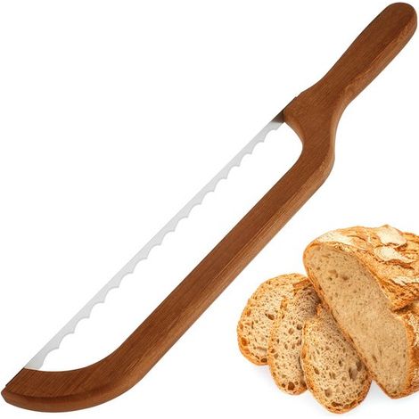 Couteau à pain 40 cm avec lame dentelée et poignée en bois, trancheur fin pour pain et gâteau, design archet, marron (1/5)
