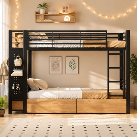 Lit superposé 2 couchages 90x200 cm Lit enfant avec 2 tiroirs, LED, étagères, penderie, échelle réversible, métal et MDF, noir (1/5)