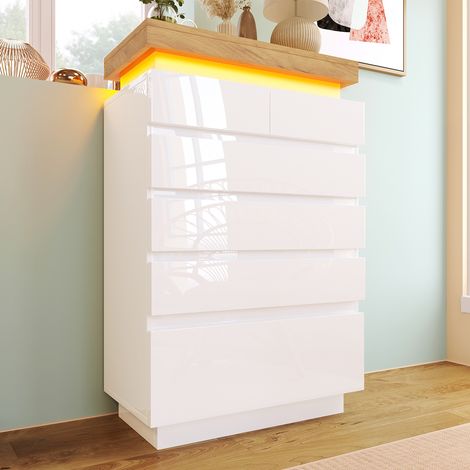 Aparador 115x73x39 cm seis cajones con iluminación LED blanco brillante apto para salón (1/5)