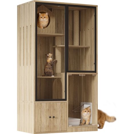 CHICFURN Maison pour chat intérieure bois clair multi-niveaux avec portes vitrées verrouillables, arbre a chat, 90 x 50 x 160 cm, jusqu'à 15 kg (1/5)