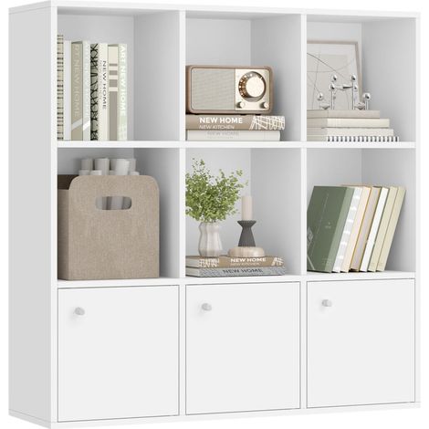 Libreria in legno ripiano portaoggetti per libri e DVD 97,5 x 30 x 97,5 cm colonna portaoggetti scaffalatura per ufficio in casa 3 armadietti inferiori bianco 120004234