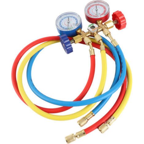 Conjunto de manómetro para colector de refrigerante con manguera y gancho para R12, R22, R404A y R134A.
