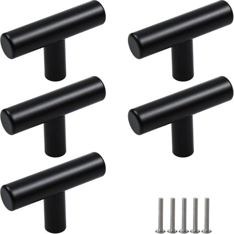 Set mit 5 mattschwarzen Möbelgriffen, T-förmige Schubladengriffe aus Edelstahl 304, rostbeständig, Zweiloch-Design (1/5)
