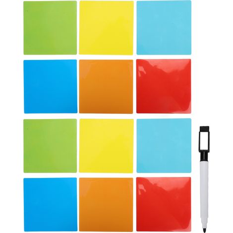 12 autocollants effaçables réutilisables, tableau blanc adhésif pour miroir, porte, mur - 4x4 pouces, marqueur inclus