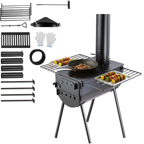 Poêle à bois, 3 m, poêle de camping en acier allié, poêle à bois portable avec conduits de cheminée et gants, foyer de 49 x 161 cm², poêle de tente pour la cuisine et le chauffage en extérieur avec 8 (1/5)