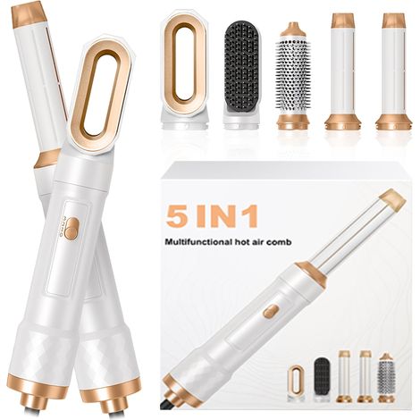 Brosse Soufflante Airbrush 5 en 1 Air Styler Seche Cheveux Mulit Air Brush Set, Blanc Hair Boucleur à Cheveux Automatique 3 Vent-Température (Sécher, Boucler, Lissante) (1/5)