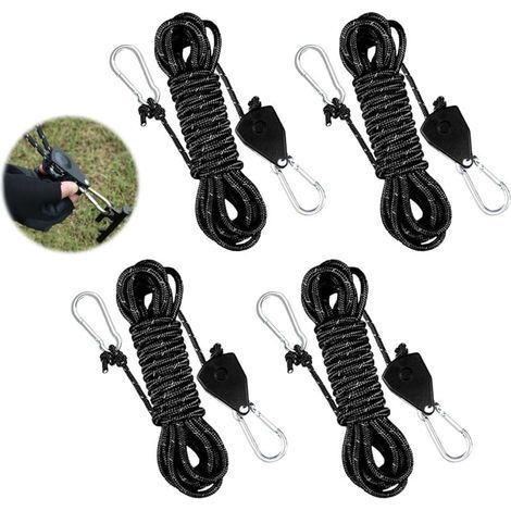 4 Pièces Cordes à Cliquet Réglable, 4m x 4mm Corde de Tente Réfléchissante, Corde de Haubanage de Tente avec Tendeur de Corde, Corde de Camping Légère à Cliquet, Ratchet Ropes pour Tentes, Auvents (1/4)