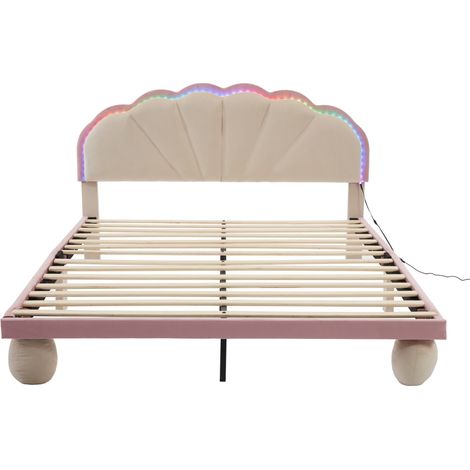 Letto imbottito 140x200 cm in velluto beige e rosa con LED multicolore (1/5)