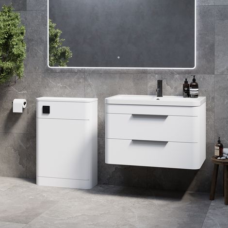 Oslo Gloss White 1350mm Wall Mounted Vanity Unit Toilet Suite with Leni Basin - 1350mm - Matt Black 300mm Finger PullWithout Jubilee Toilet Pan