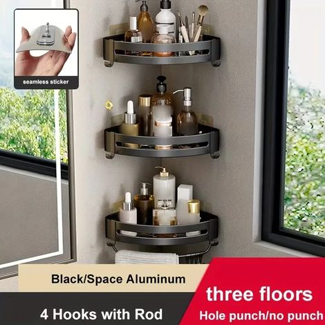 (3 Triangles Noirs HR) 1 étagère de rangement murale d'angle en aluminium sans perçage pour salle de bain - Idéale pour ranger shampoing, gel douche et cosmétiques. (1/5)