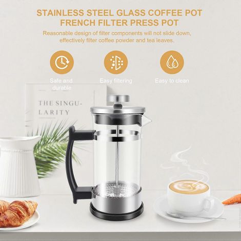 Cafetière à piston en acier inoxydable et verre, idéale pour la préparation du thé. (1/5)