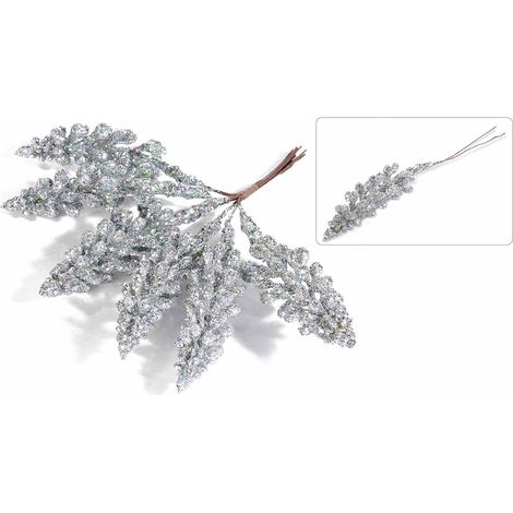 Mazzolini artificiali con 6 rami ad alberello pick glitterato argento, set da 20 pezzi, Pino: Ø 1,5 cm x 7,5 H
