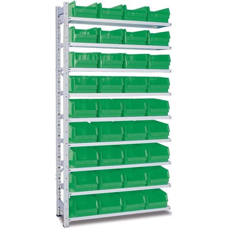 BRB Anbauregal zu Steckregal verzinkt HxBxT 2x1035x315 mm, 9 Böden, bestückt mit 36 Sichtkästen LB 3/LxBxH 350x200x150 mm (Grün)