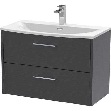Winshill Contemporary 2 Drawer Wall Hung Vanity Unit with Curved Basin, Woodgrain Dark Grey, 800mm
