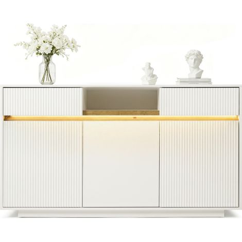 Armoire de rangement buffet blanc à façades cannelées avec éclairage LED RGB pilotable par app et télécommande dimensions 140×40×85cm 3 portes + 2 tiroirs + niche ouverte pour salon et entrée domestiq (1/5)