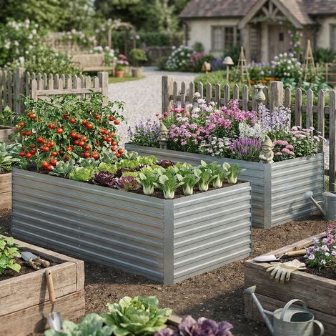 Ensemble de 2 bacs de jardin surélevés galvanisés. Bacs en métal de 180 x 90 x 60 cm avec rebord sécurisé. Argenté. (1/5)