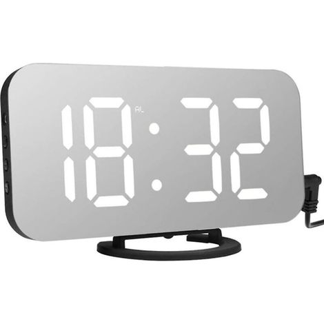 Moderner digitaler Wecker mit LED-Spiegel, 2 USB-Anschlüssen, einstellbarer Helligkeit, schwarz (1/5)