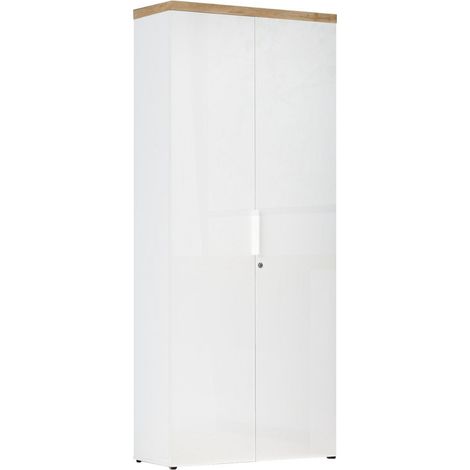 Rangement haut 2 portes blanc laqué brillant dessus aspect bois finition Cadiz - GENIUS