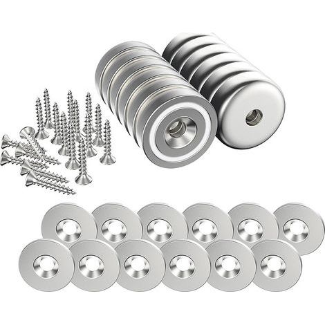 12 pièces Aimants en néodyme 10 KG force 20 x 7 mm avec trou et capsule, aimant en pot fraisé avec vis et 12 coussins en acier (Argent Brillant) (1/5)